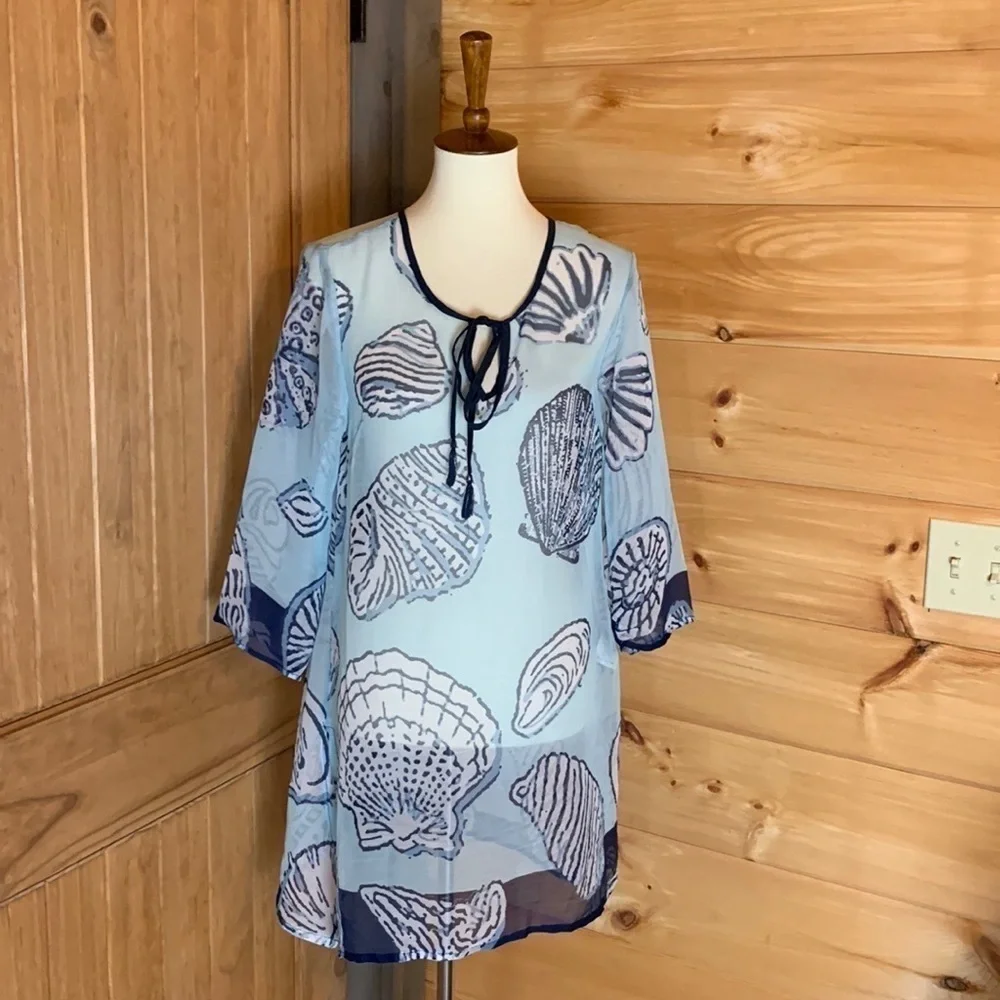 Paradise light blue sheer swimsuit coverup with seashell print Size Medium